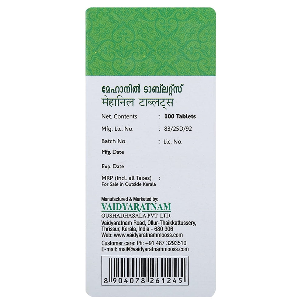 Vaidyaratnam Mehanil Tablets Details